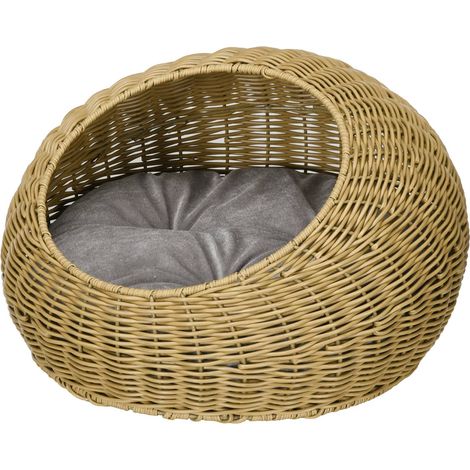 Rattan Katzenkorb Katzenhaus Katzenhütte mit Kissen für Katzen bis 4 kg, Haustierbett Katzenhöhle, Indoor, PE-Rattan, Ø50 x 31 cm, Hellbraun