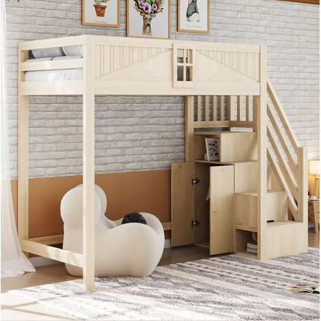Bett Hochbett Stauraum 90x200 Massivholz Natur OKMYHOME (1/5)