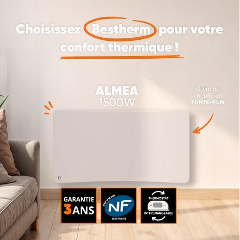 Radiateur électrique fixe à inertie sèche fonte + film avec thermostat interchangeable 1500W Bestherm ALMEA horizontal blanc — vue 3