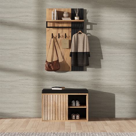 Flur-Garderobe mit Schuhschrank – 70 x 36 x 146 cm – Gepolsterte Bank, 3 Haken, 2 Türen – Schwarz und Natur (1/5)