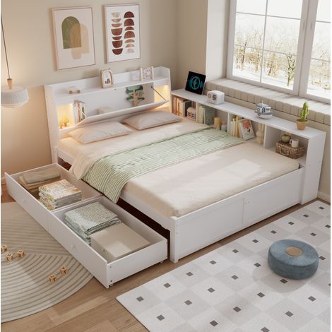 Lit double 140 x 200 cm avec rangement tête de lit – étagère 2 lampes et 2 tiroirs – prise de charge et armoires latérales – blanc (1/5)