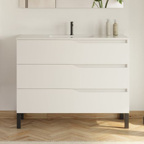 Meuble sous vasque seul, 3 tiroirs, 100cm, pour simple vasque - blanc mat - MATA