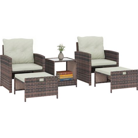 Ensemble de meubles de jardin en rotin Mobilier de balcon en 5 pièces Ensemble de 2 chaises Tabouret coussin