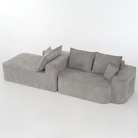 Sofá Modular 3 Plazas en Chenilla con Chaise Longue, Asiento Profundo, Sin Montaje y Apto para Mascotas, Gris