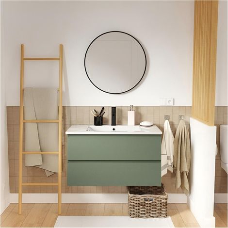 Einzelwaschtisch 80 cm, Eichenoptik, mit Armatur und Spiegel, SORRENTO