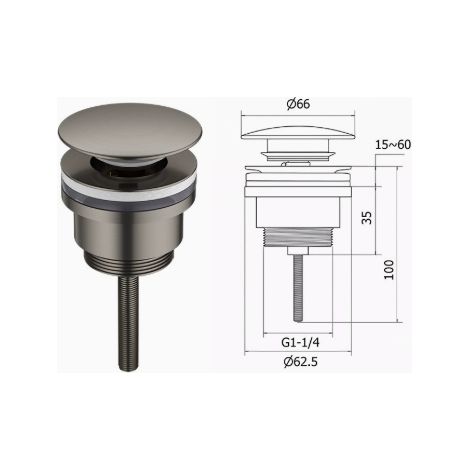 Bonde de vidange à pression en laiton gris armé pour lavabo, grand couvercle 66mm, mécanisme à ressort fileté G1-1/4, hauteur réglable (1/4)
