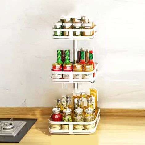 Support de rangement pour articles comptoir cuisine stockage d'épices rotatif carré à trois couches blanc (1/4)