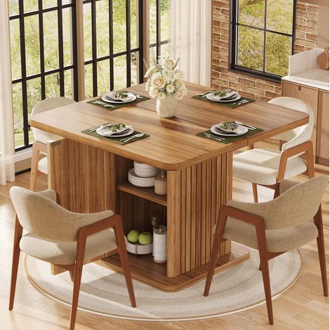 Mesa de comedor 80x80 cm de MDF y metal, madera marrón oscuro con almacenaje - CHICFURN (1/5)