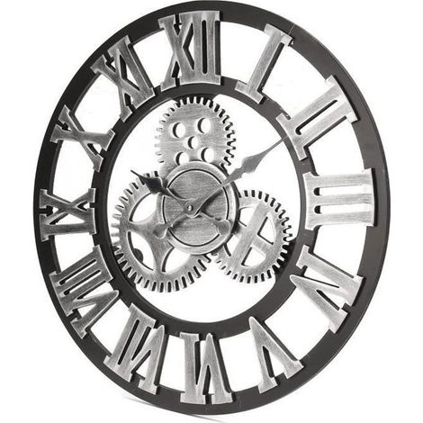 (Silber) Vintage-Wanduhr aus Holz, 60 cm – Silber – Retro-Stil, 3D-Metallzahnrad (1/2)