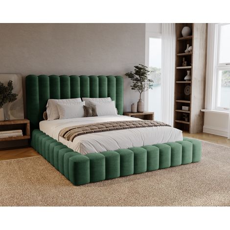 Emporius Lit capitonné 180x200 cm Elise, velours avec rangement, tête de lit haute, Vert (1/5)
