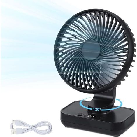 Ventilateur de table USB portable, ultra-silencieux, mini ventilateur de table, puissant rechargeable 12000mAh, 5 vitesses, petit ventilateur adapté à la maison, à la chambre à coucher ou à l'extérieu