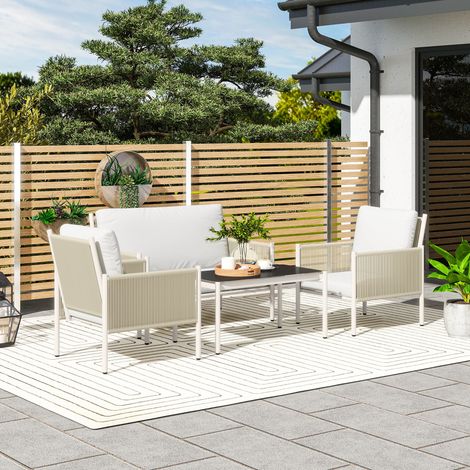 Ensemble de mobilier de jardin en polyrotin comprenant un canapé 2 places, un fauteuil, une table en verre, des coussins, pour 4 personnes, marron et gris.