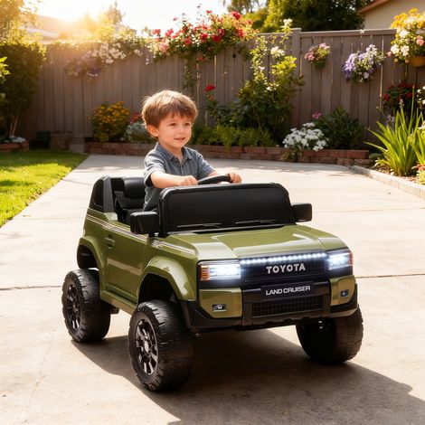 TOYOTA Land Cruiser Elektro-Kinderauto für Kinder von 3–8 Jahren, 12 V, 3–5 km/h, mit zwei Motoren, Federung, Fernbedienung, 3-Punkt-Sicherheitsgurt, Bluetooth, USB, Musik, Scheinwerfern, Grün