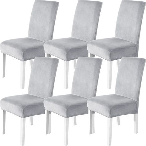 Housses de chaise élastiques - Lot de 6 - Gris argenté - Texture velours doux - Décoration de salle à manger (1/5)