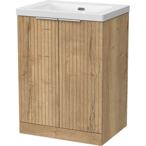 Callingwood Contemporary Floor Standing 2 Door Vanity Unit with 0 Tap Hole Fireclay Basin , 600mm, Autumn Oak