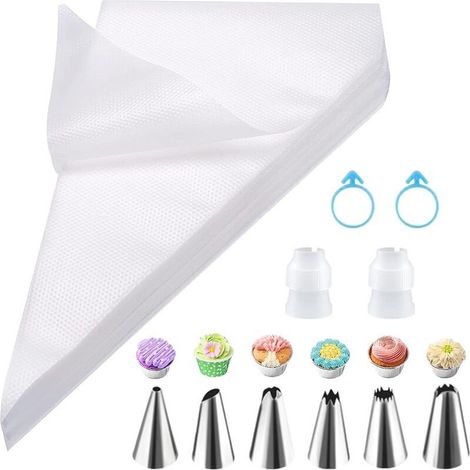 Poche À Douille Jetable - 31 x 21 cm - Acier Inoxydable - Pour Décoration De Gâteaux Et Cupcakes - 100 Pièces Avec 6 Douilles Et 1 Adaptateur (1/5)