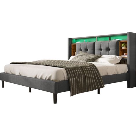 Polsterbett, Doppelbett mit Stauraum-Kopfteil, USB-Anschluss und LED-Beleuchtung, Holzlattenrost, Grau, 140x200 cm (ohne Matratze)