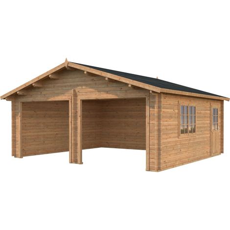 Garage en bois 28,4 m² – Structure en madriers 44 mm – 2 portes – Accès facile – Traitement autoclave marron – Palmako