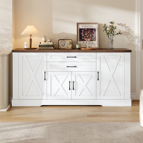 Buffet de cuisine 160x39x81,5 cm avec 4 portes, 2 tiroirs, 6 compartiments Buffet bas avec étagères réglables, MDF et Panneau de particules, blanc (1/5)