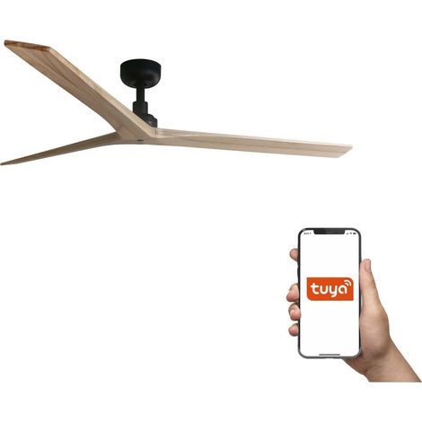Faro Klim Grand ventilateur de plafond à 3 pales, noir mat, bois de chêne, système intelligent Tuya (1/3)