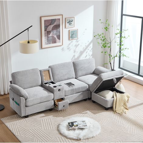 Sofá 266/136/82 cm en gris claro con consola deslizante, USB-C y arcón auxiliar (1/5)