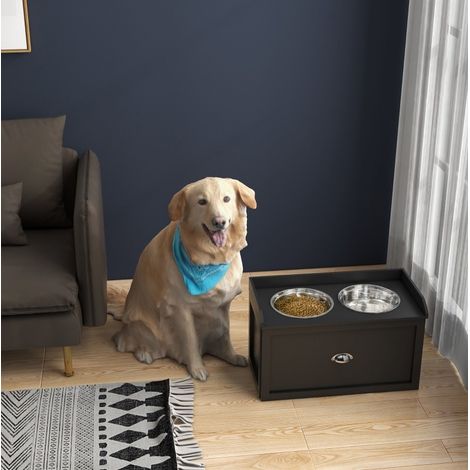 Comedero elevado para perro con 2 cuencos de 2 L, cajón, acero inoxidable, negro HAVRYA (1/5)