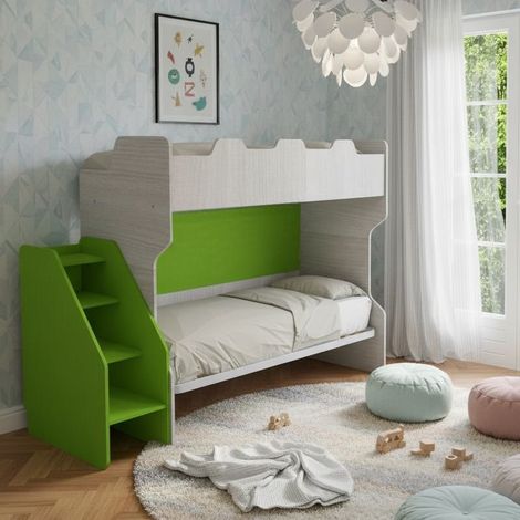 Letto a castello salvaspazio con terzo letto estraibile e scala laterale - Ideale per camerette - Rovere rock e Verde mela