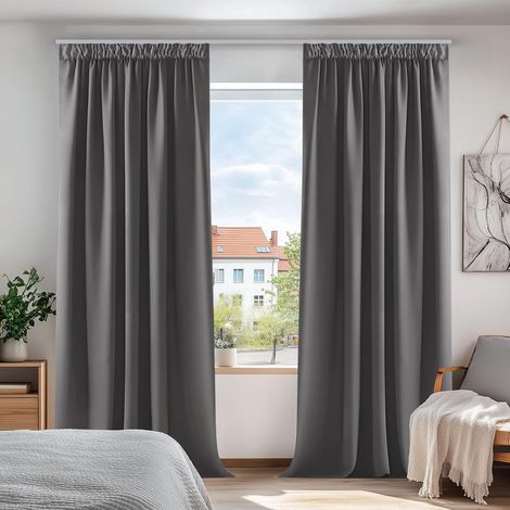 Lot de 2 Rideaux Occultants, Isolation Thermique, Tissu Polyester, Galon Fronceur, Pour Salon et Chambre, Gris Clair (1/5)