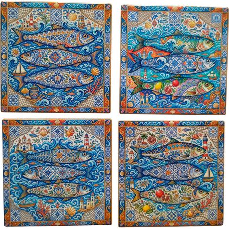 Set de 4 posavasos de cerámica sardinas y azulejos azul (1/4)