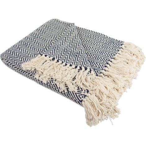 Couvre-lit à Chevrons pour intérieur/extérieur 100% Coton Camping Barbecue plages Couverture Quotidienne – 127 x 152,4 cm, Bleu Nautique, Nautical Blue, Mini Chevron (1/5)