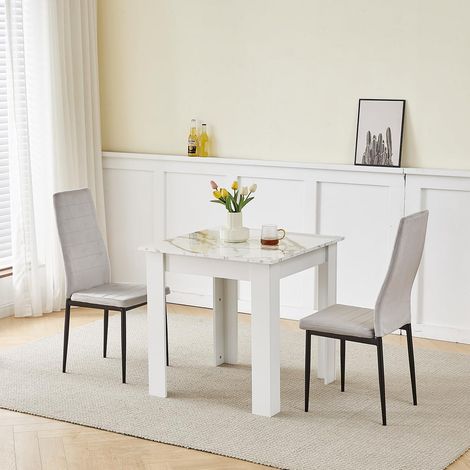 75x75cm Square Dining Table and Chairs Set, Small Dining Room Set High Gloss Dining Table with Chairs Home Furniture (Grey Flannel, Marble-White Table with 2 Chairs) (1/5)