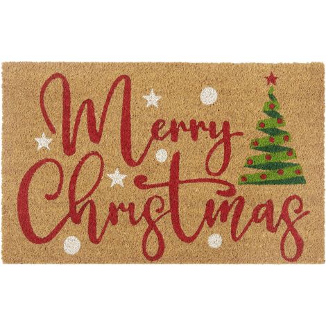 Paillasson en Coco - Antidérapant - Naturel - pour l'intérieur - Motif : Merry Christmas Tree - en Fibre de Coco - pour entrée et extérieur Couvert - 40 x 70 cm (1/5)
