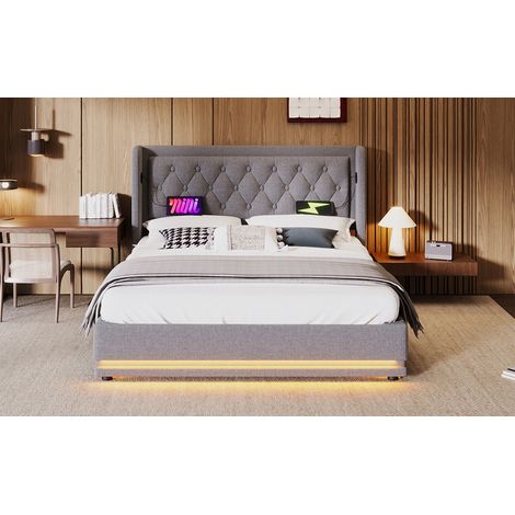Cama con canapé tapizada en algodón gris 160x200 cm con LED, USB y Type-C, somier incluido y colchón (1/5)