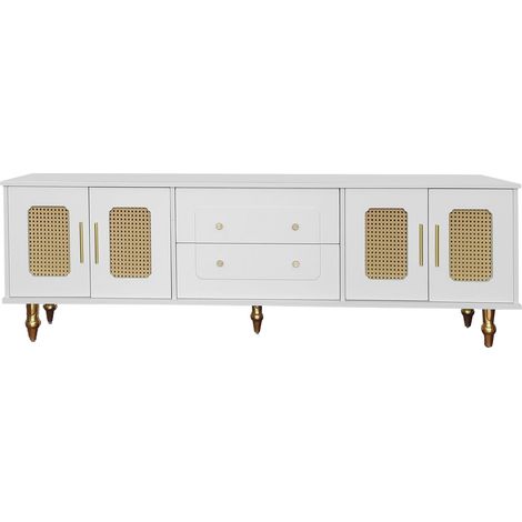 Meuble TV bas, meuble TV au style rétro: poignées dorées, beaucoup d’espace de rangement. Avec porte en rotin et pieds en métal (1/5)