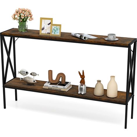 COSTWAY Industrial Console Table 2-Tier Narrow Sofa Table Behind Couch-Coffee (1/5)