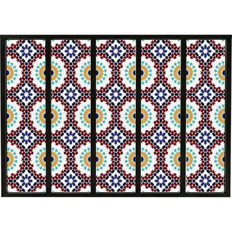 Verrière atelier intérieure aluminium noir 5 vitrages 168 x 117 cm - Décor oriental - Taljane - bleu et multicolore et transparent - Verre trempé (1/5)