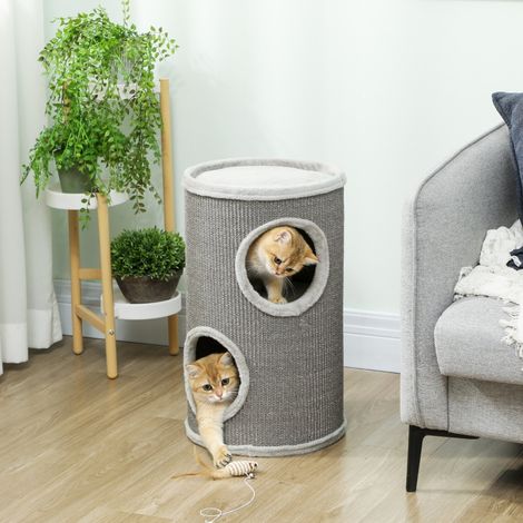 Kratztonne gris clair 60 cm de hauteur Ø 35 cm, tour à chat à 2 étages avec 2 cachettes, bord en peluche, pour 1 à 2 chats jusqu'à 5 kg (1/5)