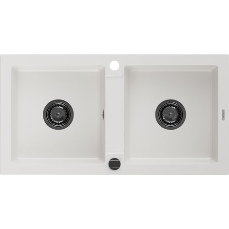 Mexen Mario fregadero de granito de 2 compartimentos 820 x 436 mm, blanco, sif贸n negro - 6504822000-20-B