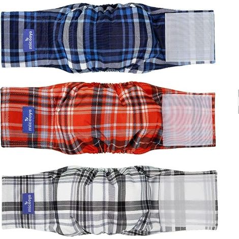 Lot de 3 bandes abdominales lavables pour chiens mâles, couches pour chiens réutilisables, enveloppements absorbants avec attache réglable - Petit (motif à carreaux rouge et bleu et gris) (1/5)