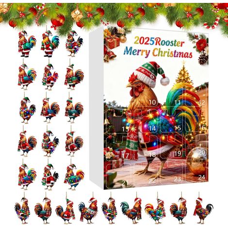 Calendrier de compte à rebours de Noël, pendentif mignon en acrylique 2D - 24 compartiments de l'Avent  pour arbre de Noël, vacances, ferme, maison, fête (1/5)