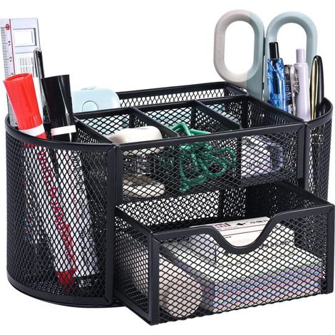 Cette boîte de rangement de bureau en métal ajouré est dotée d'un tiroir et d'un porte-stylo, idéale pour ranger stylos, post-it, agrafes, trombones et autres petits objets. Compacte et élégante, elle (1/4)