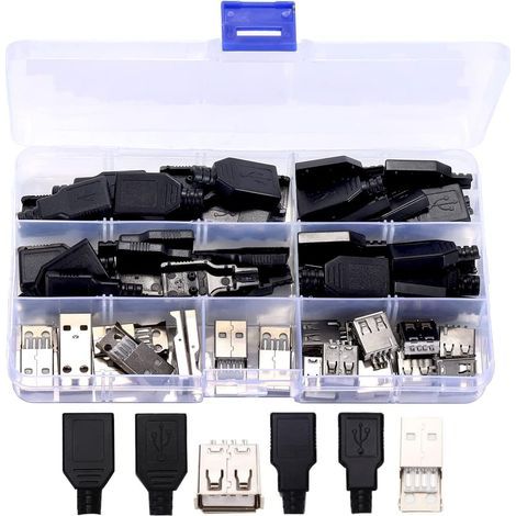 40 conectores USB 2.0 de 4 pines para soldar, adaptador USB 2.0 tipo A, conector macho de 4 pines en plástico negro con tapa. (1/5)