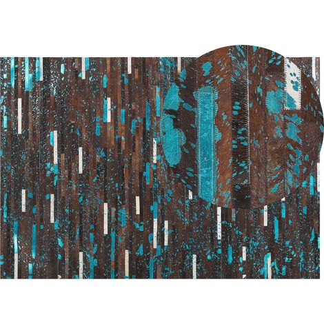 Alfombra de piel de vaca marrón y azul 160 x 230 cm patchwork Kisir