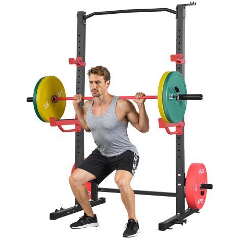 Jaula de Potencia Multifuncional para Gimnasio en Casa, con 4 Clavijas para Bandas, Ganchos en J Ajustables y Barras de Seguridad para Sentadillas con Barra, Press de Banca y Dominadas (1/5)
