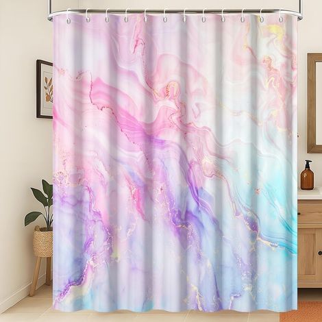 Rideau de douche en marbre Bleu Rose Violet Or Paillettes Rideaux de douche en marbre Luxe aquarelle encre art rideaux de salle de bain Tissu imperméable lavable Décoration de salle de bain (1/5)