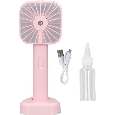 Ventilateur brumisateur portable rose, rechargeable par USB et fonctionnant sur batterie. Fonctionne silencieusement et rafraîchit efficacement lors de vos voyages et activités de plein air. (1/5)