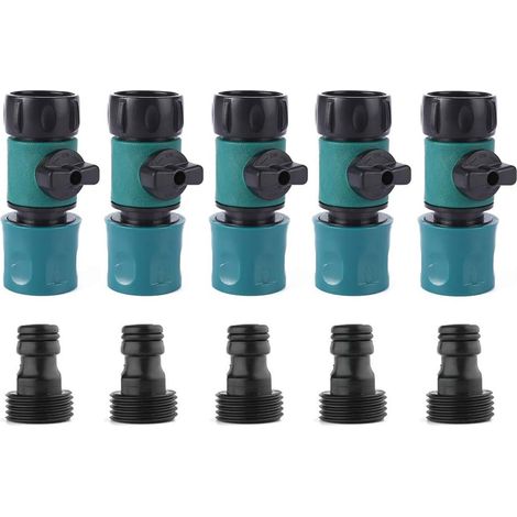 Cinque set (10 pezzi) di adattatori per raccordi rapidi per tubi dell'acqua con valvola di intercettazione. (1/3)