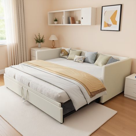 Polsterbett Schlafsofa 90/180x200 cm, Schlafcouch mit Armlehnen und gepolsterter Rückenlehne, Tagesbett ausziehbar mit Lattenrost, für Wohnzimmer, Schlafzimmer, Velour Beige
