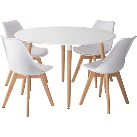 Happy Garden – Ensemble table ronde 120cm avec 4 chaises NORA – Structure en bois massif – Coussins rembourrés – Pour cuisine et salle à manger