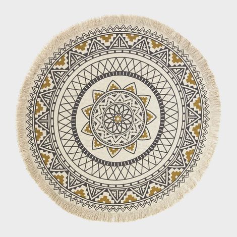 HOMESCAPES Runder Boho-Teppich schwarz-weiß und gold mit Fransen 145 cm